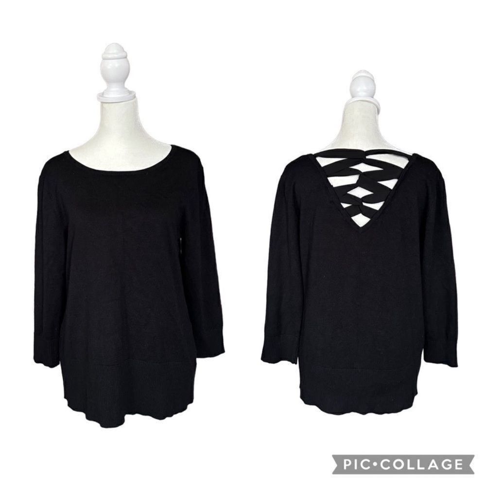 Cable & Gauge Back Satin Crisscross Ribbon Round Neck Casual Top Large